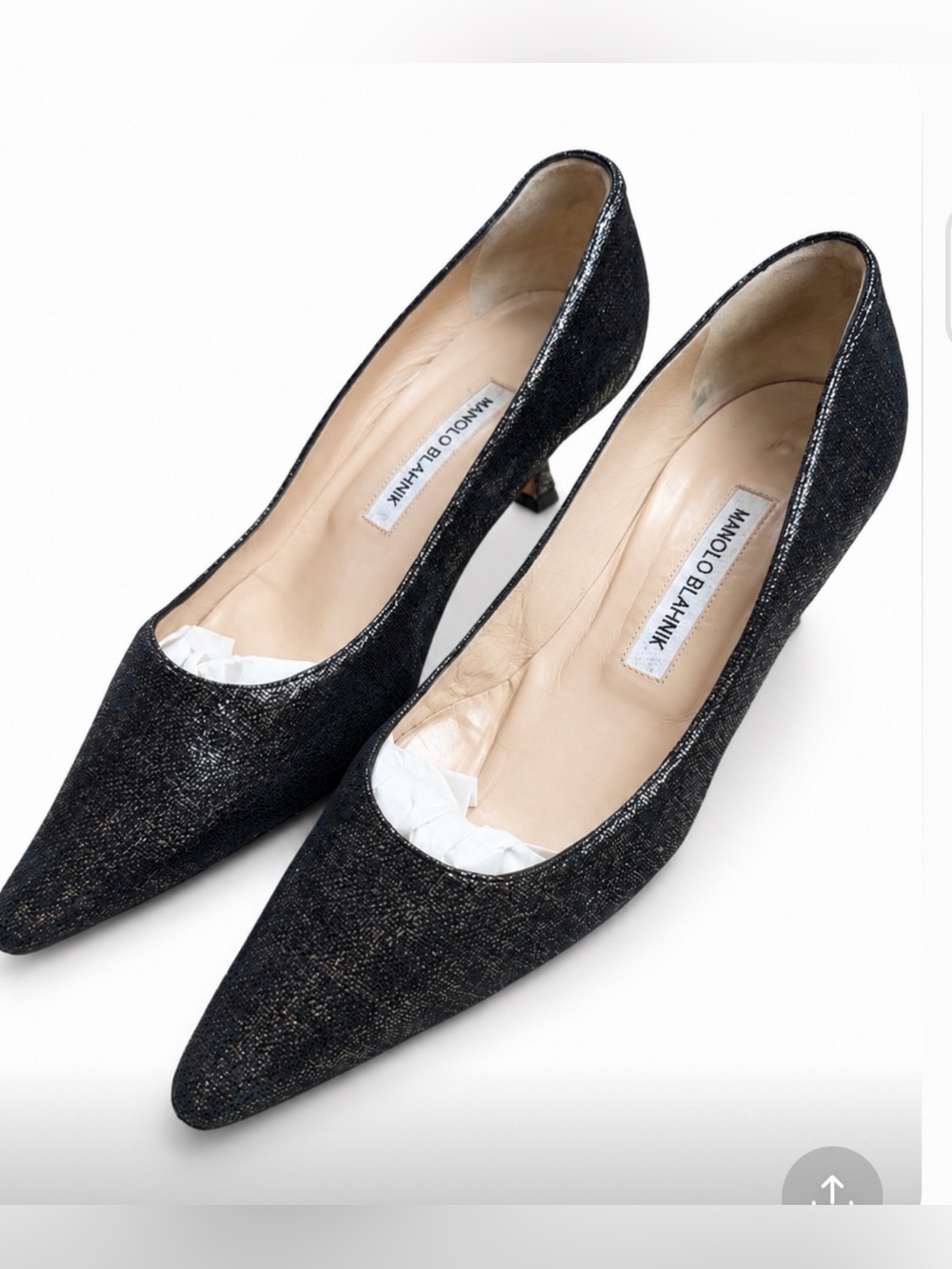 Y2K Manolo Blahnik Black Pointed Toe kitten Heel Pumps glitter size 37.5